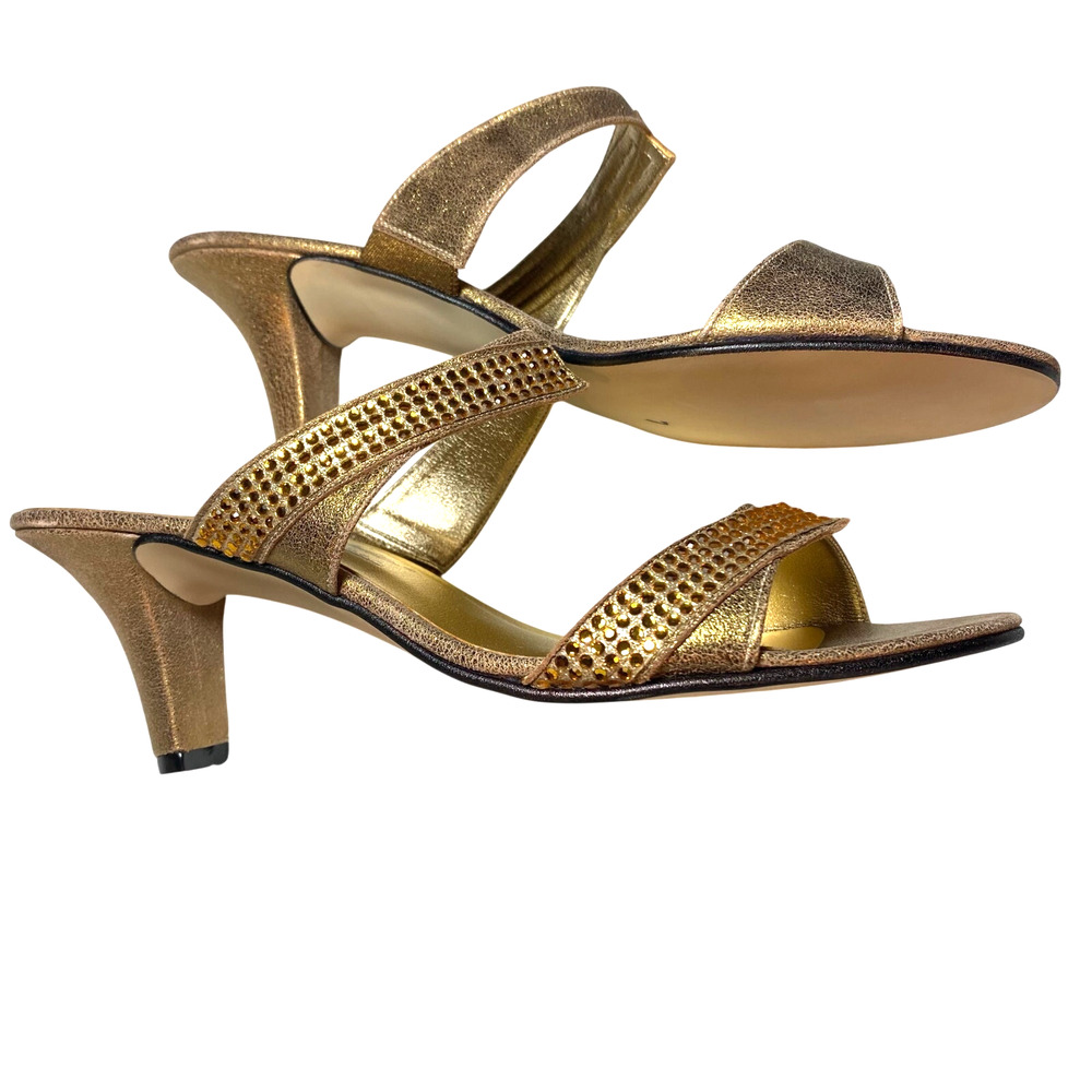 Dezario Strappy Heels Mules Dressy Metallic Gold Mule Size 7 Glam Bling Vintage